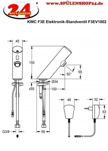 KWC PROFESSIONAL F3E Elektronik Standventil F3EV1002 DN 15 fr Waschanlagen, opto-elektronisch gesteuert mit Steckernetzteil