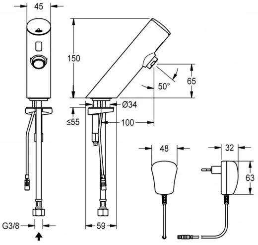 KWC PROFESSIONAL F3E Elektronik Standventil F3EV1002 DN 15 fr Waschanlagen, opto-elektronisch gesteuert mit Steckernetzteil