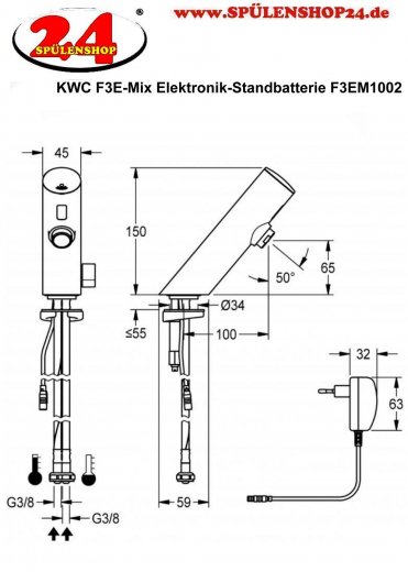 KWC PROFESSIONAL F3E-Mix Elektronik Standbatterie F3EM1002 DN 15 fr Waschanlagen, opto-elektronisch gesteuert mit Steckernetzteil