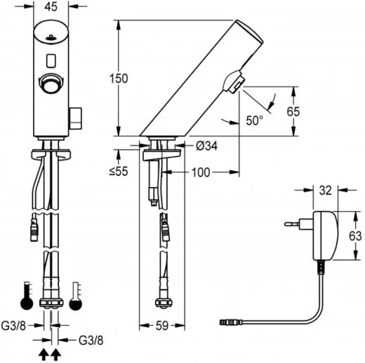 KWC PROFESSIONAL F3E-Mix Elektronik Standbatterie F3EM1002 DN 15 fr Waschanlagen, opto-elektronisch gesteuert mit Steckernetzteil