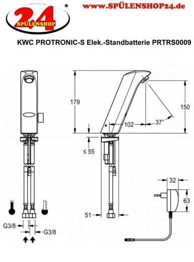 KWC PROFESSIONAL Protronic-S Elektronik Standbatterie PRTRS0009 DN 15 fr Waschanlagen, opto-elektronisch gesteuert mit Steckernetzteil