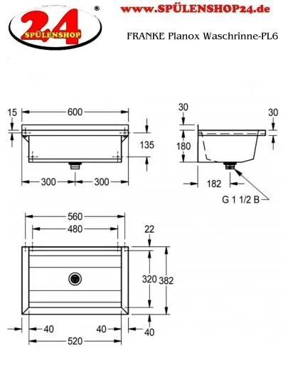KWC PROFESSIONAL Planox Waschrinne-PL6 fugenlos verschweite Waschrinne fr Wandmontage Breite 600mm