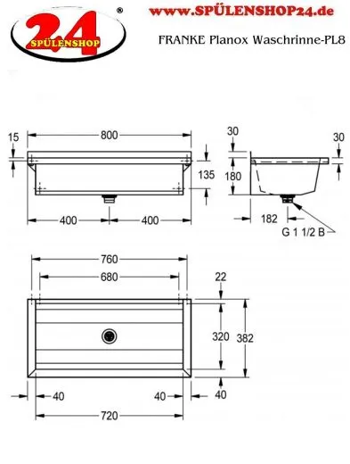 KWC PROFESSIONAL Planox Waschrinne-PL8 fugenlos verschweite Waschrinne fr Wandmontage Breite 800mm