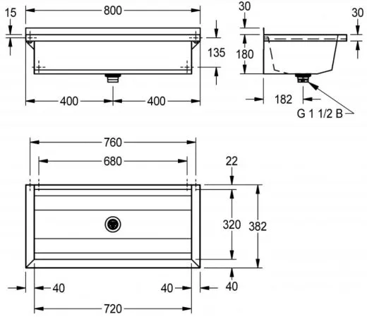 KWC PROFESSIONAL Planox Waschrinne-PL8 fugenlos verschweite Waschrinne fr Wandmontage Breite 800mm