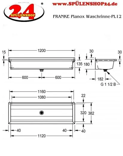 KWC PROFESSIONAL Planox Waschrinne-PL12 fugenlos verschweite Waschrinne fr Wandmontage Breite 1200mm