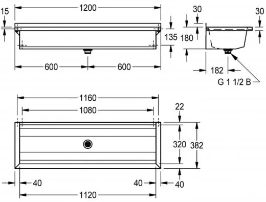 KWC PROFESSIONAL Planox Waschrinne-PL12 fugenlos verschweite Waschrinne fr Wandmontage Breite 1200mm