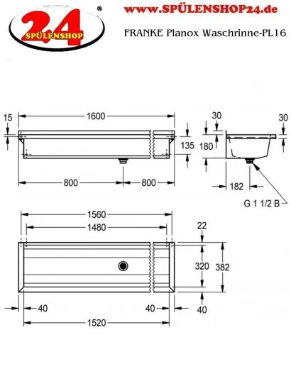 KWC PROFESSIONAL Planox Waschrinne-PL16 fugenlos verschweite Waschrinne fr Wandmontage Breite 1600mm