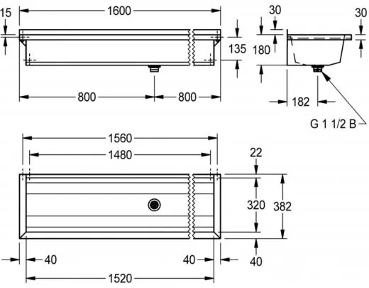 KWC PROFESSIONAL Planox Waschrinne-PL16 fugenlos verschweite Waschrinne fr Wandmontage Breite 1600mm