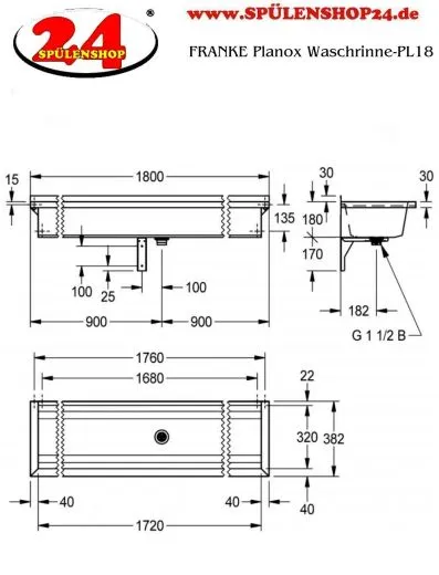KWC PROFESSIONAL Planox Waschrinne-PL18 fugenlos verschweite Waschrinne fr Wandmontage Breite 1800mm