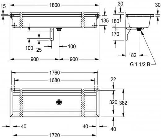 KWC PROFESSIONAL Planox Waschrinne-PL18 fugenlos verschweite Waschrinne fr Wandmontage Breite 1800mm