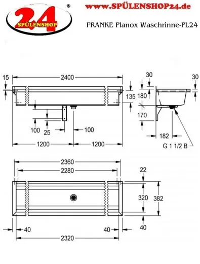 KWC PROFESSIONAL Planox Waschrinne-PL24 fugenlos verschweite Waschrinne fr Wandmontage Breite 2400mm
