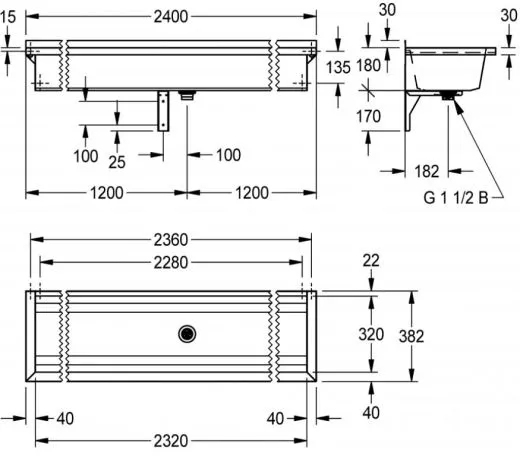 KWC PROFESSIONAL Planox Waschrinne-PL24 fugenlos verschweite Waschrinne fr Wandmontage Breite 2400mm