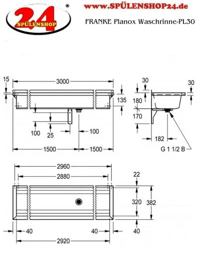 KWC PROFESSIONAL Planox Waschrinne-PL30 fugenlos verschweite Waschrinne fr Wandmontage Breite 3000mm