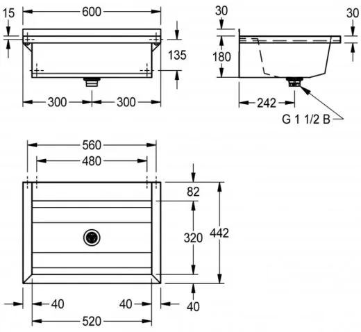 KWC PROFESSIONAL Planox Waschrinne-PL6T fugenlos verschweit mit Armaturenbank fr Wandmontage Breite 600mm