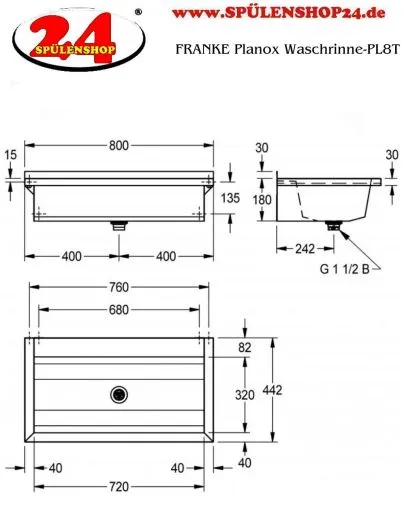 KWC PROFESSIONAL Planox Waschrinne-PL8T fugenlos verschweit mit Armaturenbank fr Wandmontage Breite 800mm