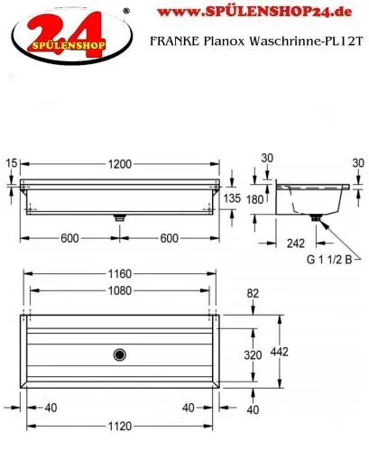 KWC PROFESSIONAL Planox Waschrinne-PL12T fugenlos verschweit mit Armaturenbank fr Wandmontage Breite 1200mm