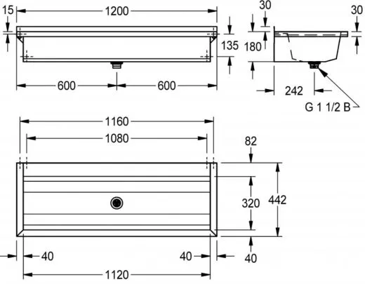 KWC PROFESSIONAL Planox Waschrinne-PL12T fugenlos verschweit mit Armaturenbank fr Wandmontage Breite 1200mm