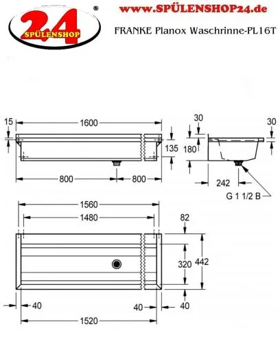 KWC PROFESSIONAL Planox Waschrinne-PL16T fugenlos verschweit mit Armaturenbank fr Wandmontage Breite 1600mm