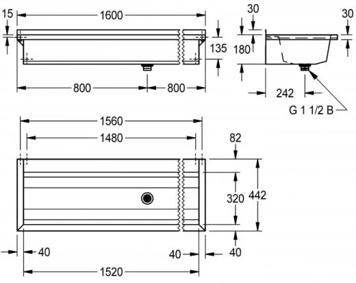 KWC PROFESSIONAL Planox Waschrinne-PL16T fugenlos verschweit mit Armaturenbank fr Wandmontage Breite 1600mm