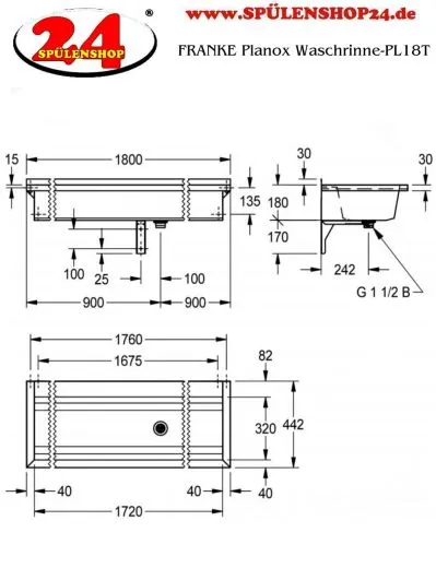 KWC PROFESSIONAL Planox Waschrinne-PL18T fugenlos verschweit mit Armaturenbank fr Wandmontage Breite 1800mm