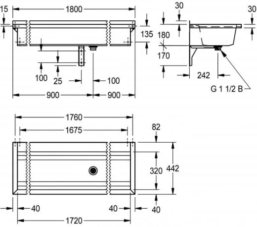 KWC PROFESSIONAL Planox Waschrinne-PL18T fugenlos verschweit mit Armaturenbank fr Wandmontage Breite 1800mm