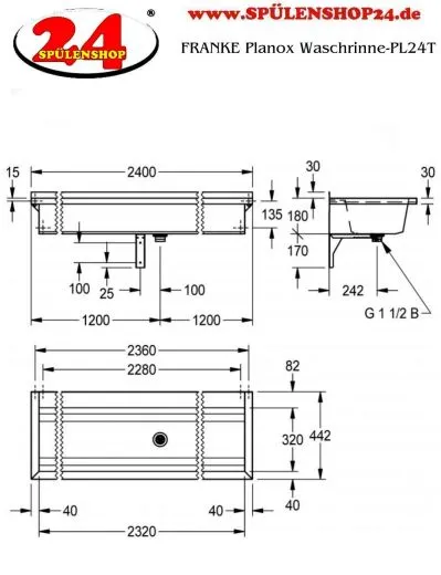 KWC PROFESSIONAL Planox Waschrinne-PL24T fugenlos verschweit mit Armaturenbank fr Wandmontage Breite 2400mm