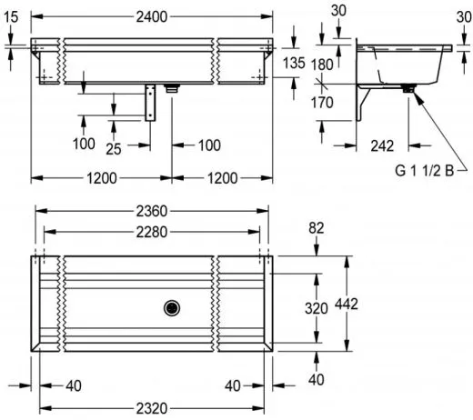 KWC PROFESSIONAL Planox Waschrinne-PL24T fugenlos verschweit mit Armaturenbank fr Wandmontage Breite 2400mm