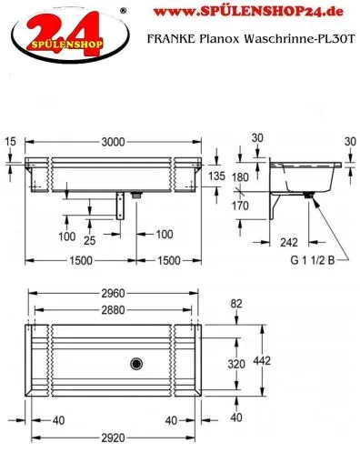 KWC PROFESSIONAL Planox Waschrinne-PL30T fugenlos verschweit mit Armaturenbank fr Wandmontage Breite 3000mm