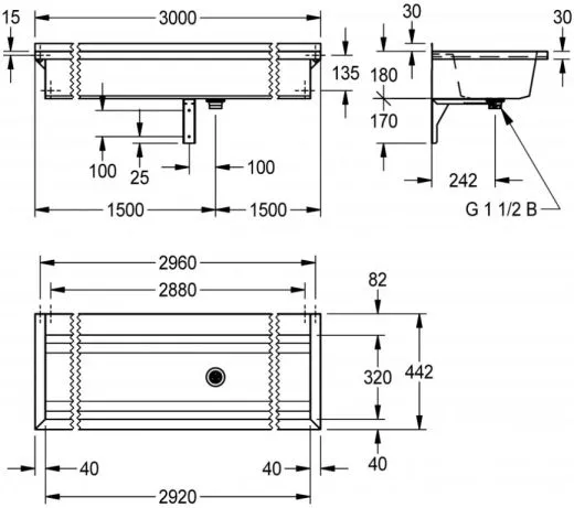 KWC PROFESSIONAL Planox Waschrinne-PL30T fugenlos verschweit mit Armaturenbank fr Wandmontage Breite 3000mm