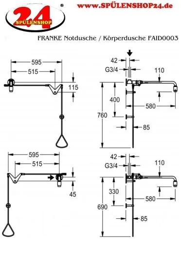 KWC PROFESSIONAL Erste Hilfe Notdusche / Krperdusche FAID0003 mit Wasserfhrung aus der Decke oder Seitlich