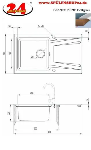 ✅ DEANTE PRIME Hellgrau Einbausple / Granitsple Splenkombination mit Drehknopfventil