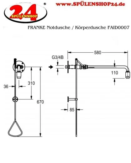 KWC PROFESSIONAL Erste Hilfe Notdusche / Krperdusche FAID0007 mit Wasserfhrung aus der Wand fr Aufputzmontage