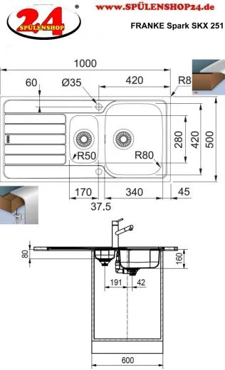 FRANKE Kchensple Spark SKX 251 Edelstahlsple Slimtop / Flchenbndig mit Siebkorb als Drehknopfventil