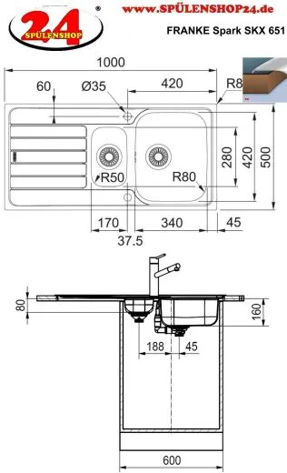 FRANKE Kchensple Spark SKX 651 Einbausple / Edelstahlsple mit Einbaurand und Siebkorb als Drehknopfventil