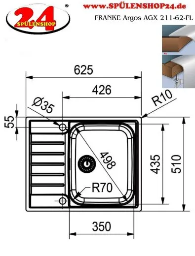 FRANKE Kchensple Argos AGX 211-62 Edelstahlsple Slimtop / Flchenbndig mit Integralablauf und Druckknopfventil