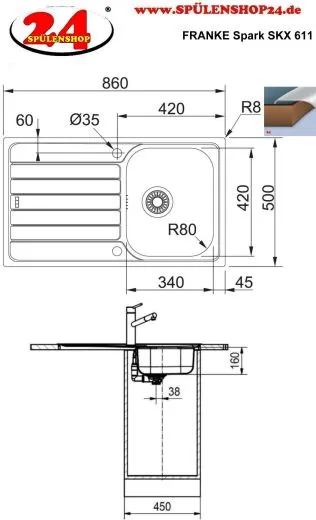 FRANKE Kchensple Spark SKX 611 Einbausple / Edelstahlsple mit Einbaurand und Siebkorb als Drehknopfventil