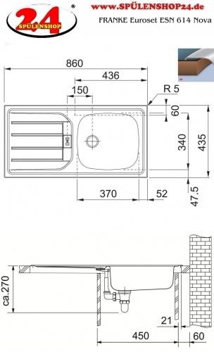 FRANKE Küchenspüle Euroset ESN 614 Nova Einbauspüle / Edelstahlspüle mit Einbaurand und Ablauf mit Gummistopfen