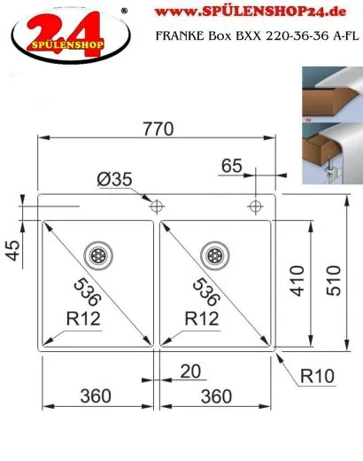 FRANKE Kchensple Box BXX 220-36-36 A Edelstahlsple Slimtop / Flchenbndig mit Siebkorb als Drehknopfventil