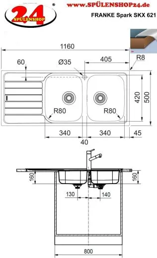 FRANKE Kchensple Spark SKX 621 Einbausple / Doppelsple mit Einbaurand Siebkorb als Drehknopfventil