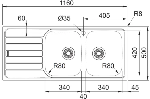 FRANKE Kchensple Spark SKX 621 Einbausple / Doppelsple mit Einbaurand Siebkorb als Drehknopfventil