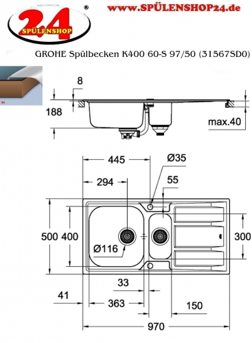 GROHE Spülbecken K400 60-S 97/50 Edelstahlspüle / Einbauspüle mit Drehexcenter (31567SD0)