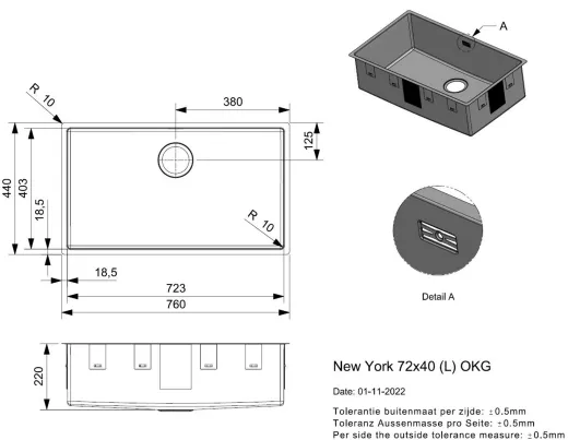 REGINOX K�chensp�le New York 72x40 (L) OKG Einbausp�le Edelstahl 3 in 1 mit Flachrand Siebkorb als Stopfenventil