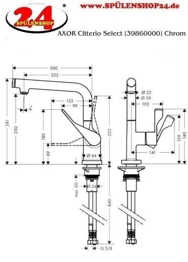 AXOR Kchenarmatur Citterio Select Chrom Einhebelmischer 230 mit Festauslauf und Select-Knopf Schwenkbereich einstellbar (39860000)