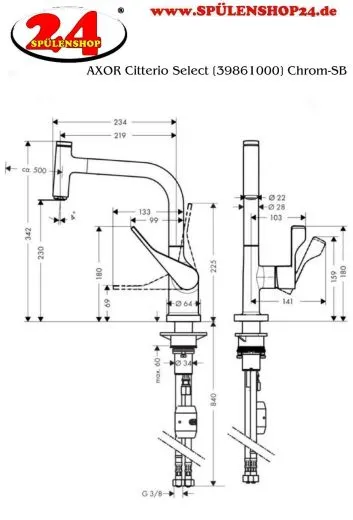 AXOR Kchenarmatur Citterio Select Chrom Einhebelmischer 230 mit Zugauslauf als Ausziehauslauf und Select-Knopf (39861000)