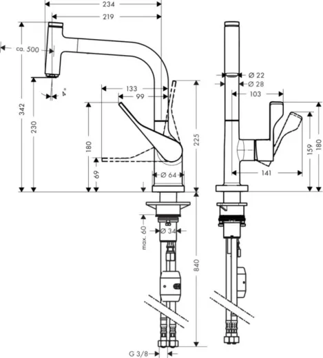 AXOR Kchenarmatur Citterio Select Chrom Einhebelmischer 230 mit Zugauslauf als Ausziehauslauf und Select-Knopf (39861000)