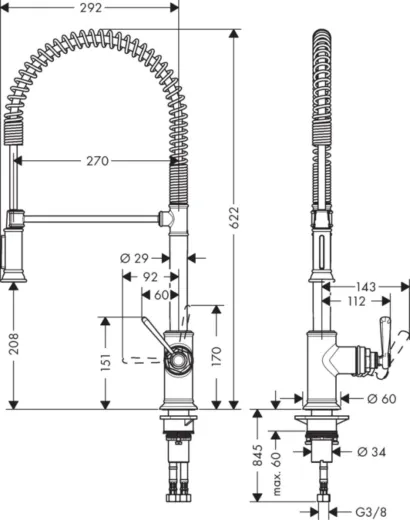 AXOR Kchenarmatur Montreux Semi Pro Chrom Einhebelmischer 210 mit Pendelbrause als 2-Strahlbrause 360 schwenkbarer Auslauf (16582000)