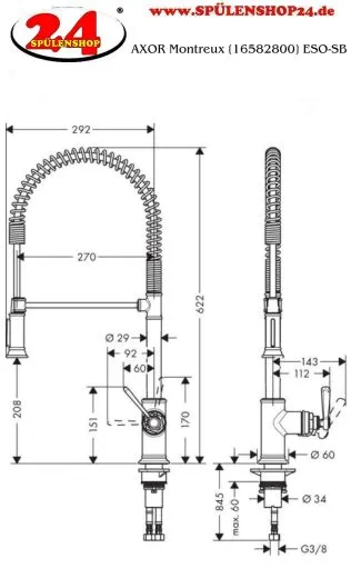 AXOR Kchenarmatur Montreux Semi Pro Edelstahl Finish Einhebelmischer 210 mit Pendelbrause als 2-Strahlbrause 360 schwenkbarer Auslauf (16582800)