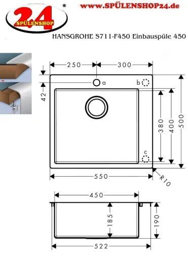HANSGROHE Kchensple S711-F450 Einbausple 450 Edelstahlsple Flachrand Siebkorb als Stopfenventil