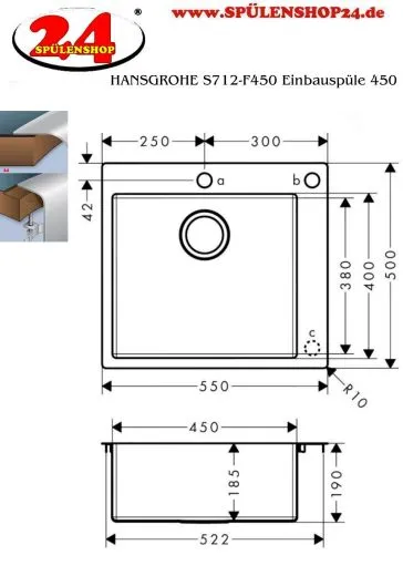 HANSGROHE Kchensple S712-F450 Einbausple 450 Edelstahlsple Flachrand Siebkorb als Drehknopfventil