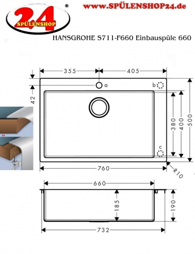 HANSGROHE Kchensple S711-F660 Einbausple 660 Edelstahlsple Flachrand Siebkorb als Stopfenventil